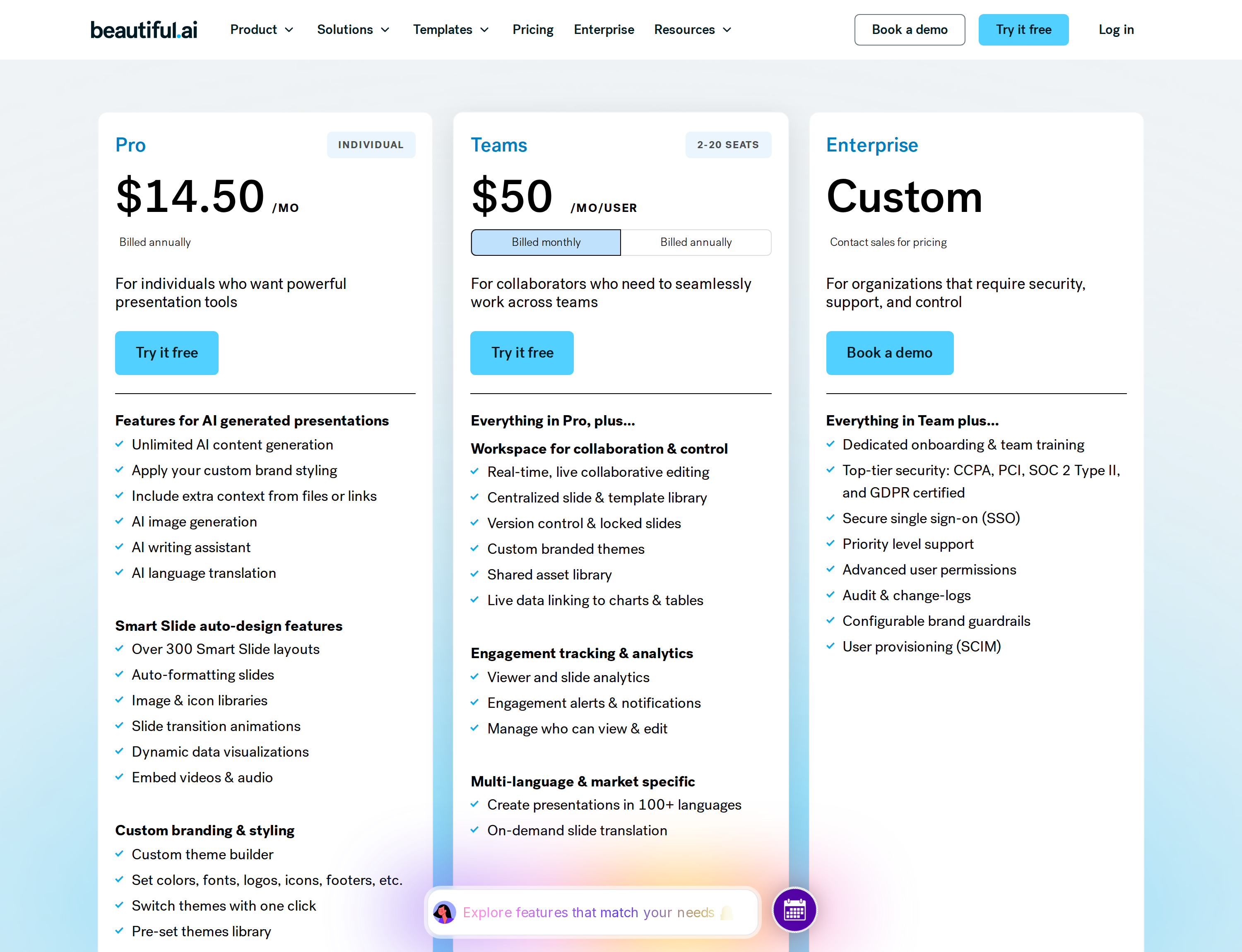 Beautiful.ai’s pricing page showing Pro at $14.50 a month billed annually with no toggle, Teams at $50 per user per month with a billing toggle, and a custom Enterprise tier